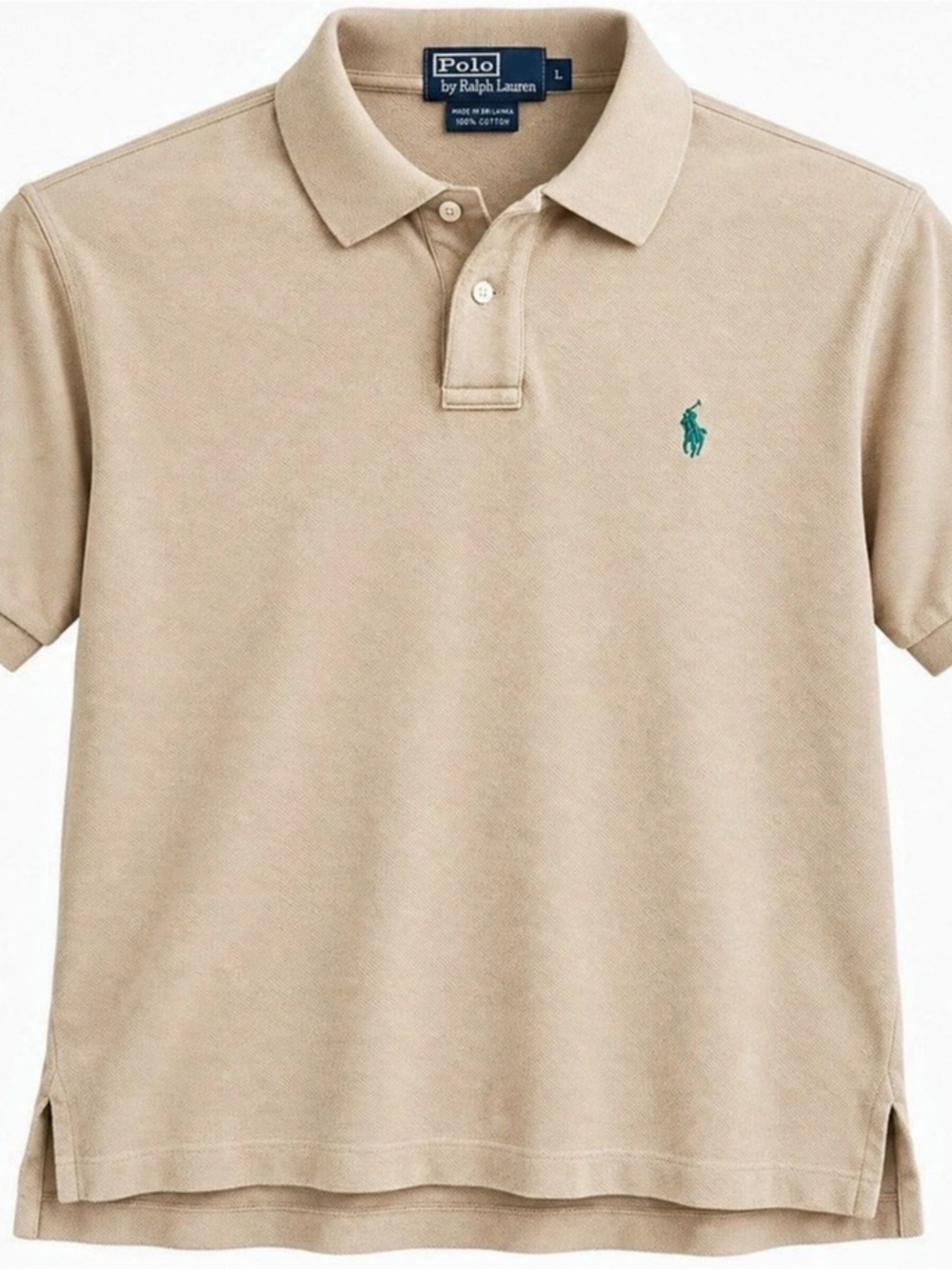 Polo Ralph Lauren Men's Large Tan Beige Short Sleeve Polo Shirt Teal Pony Cotton